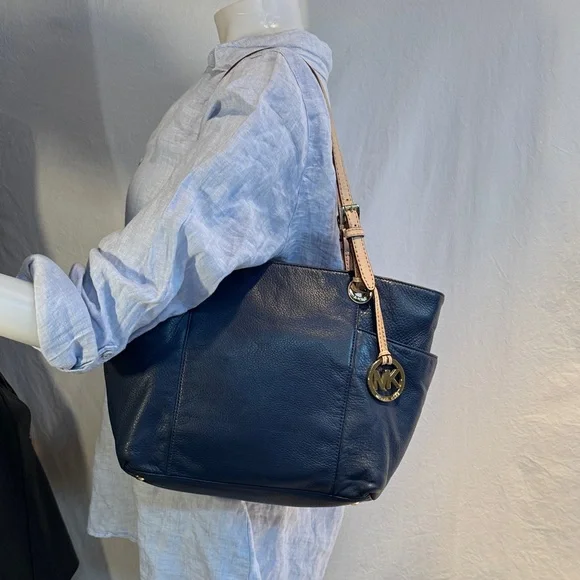 Michael Kors Dark Blue Tote with Tan Straps - Picture 5 of 13